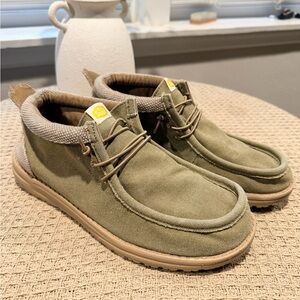 Hey Dude Olive Green Canvas Slip-On Loafers with Tan Sole